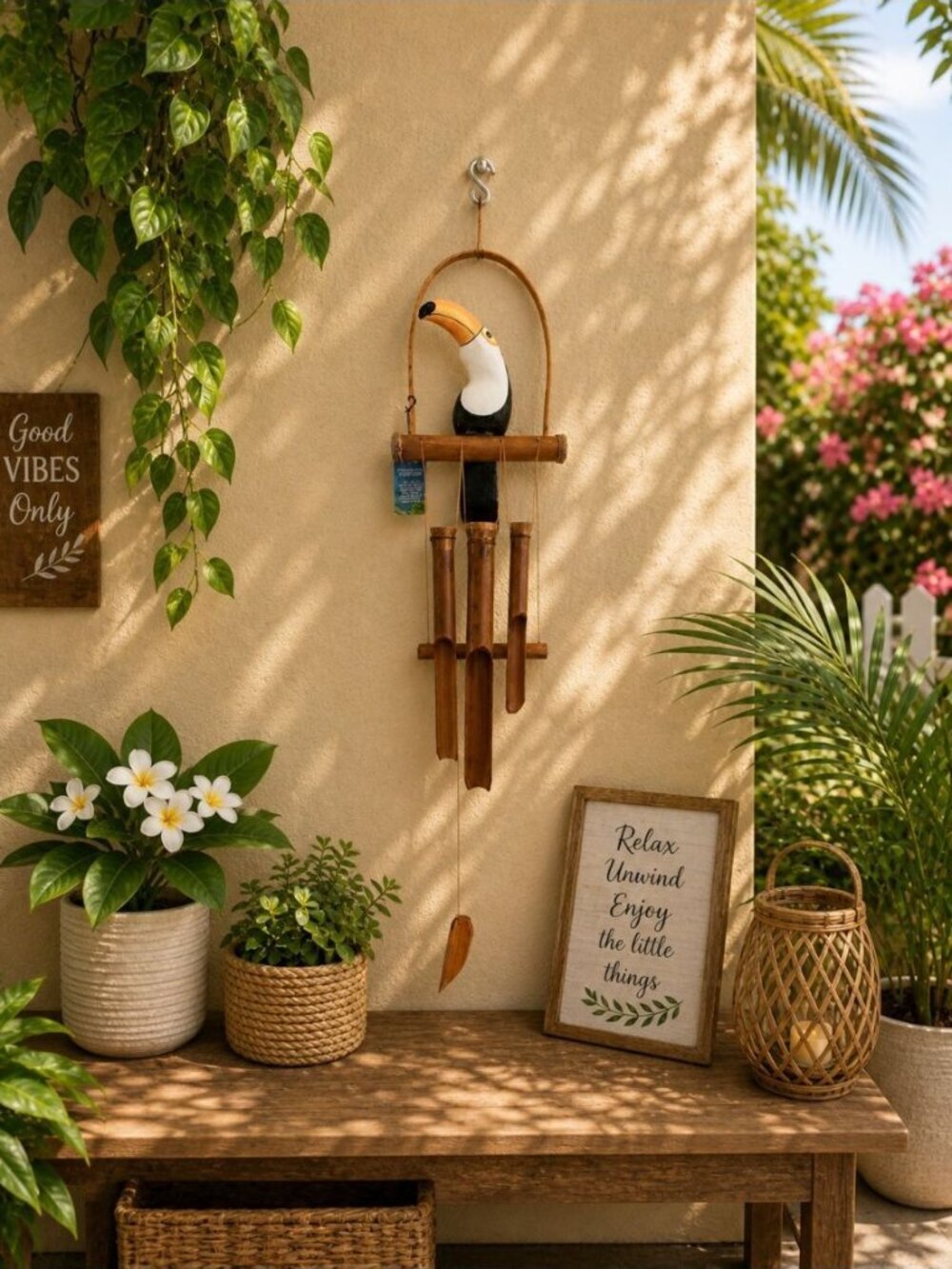 New Tropical Toucan Bamboo Wind Chime Hanging Outdoor Patio Garden Decor Wood